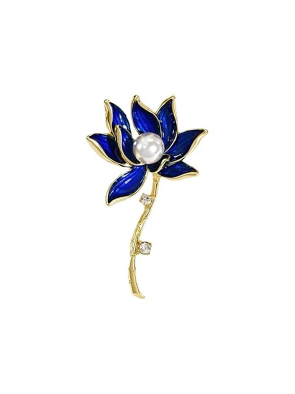 Elegant Blue Enamel Lotus Brooch for Women Vintage Pearl Center Crystal